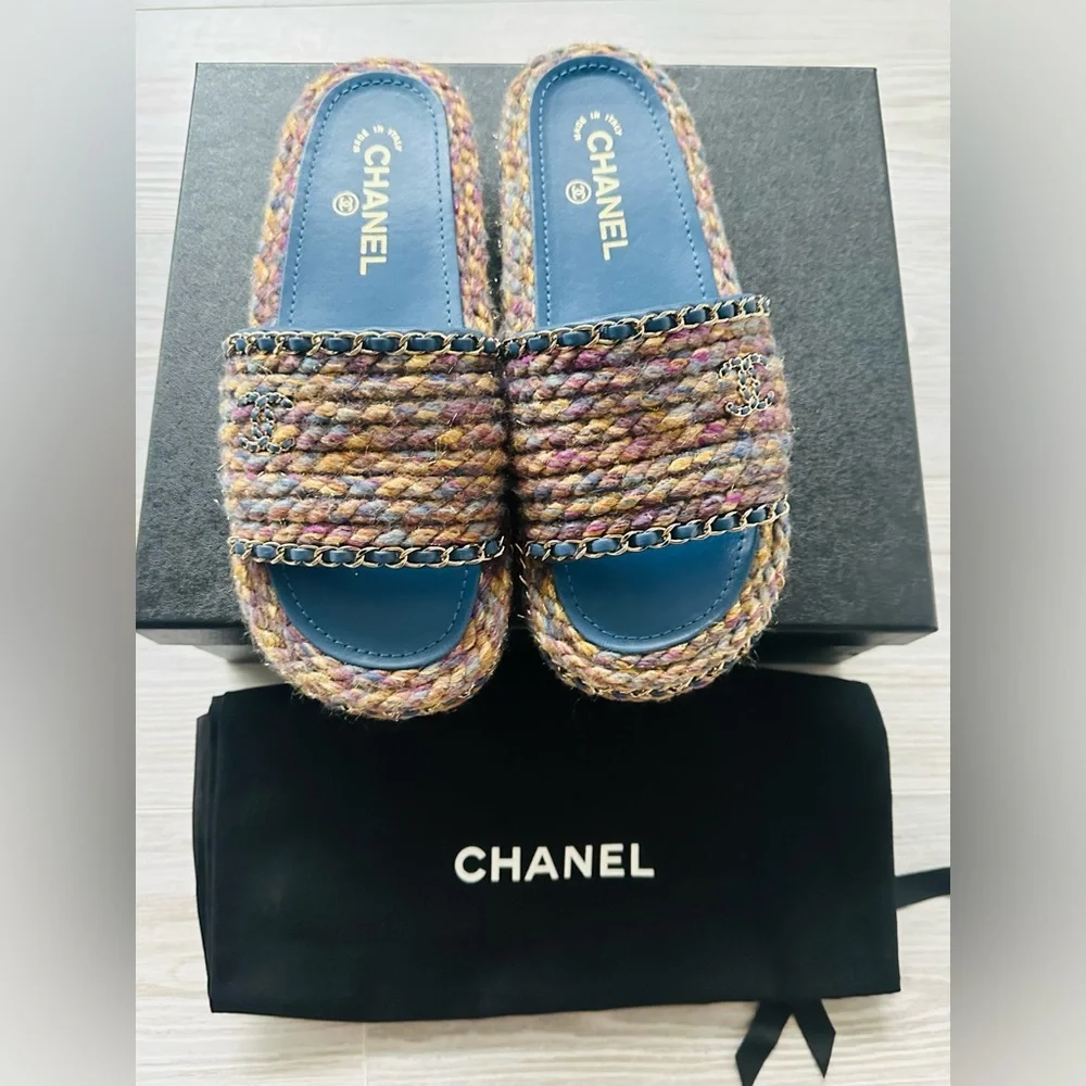Chanel multicolor blue purple tweed leather CC chain mules sandals NEW WITH BOX - Picture 2 of 11